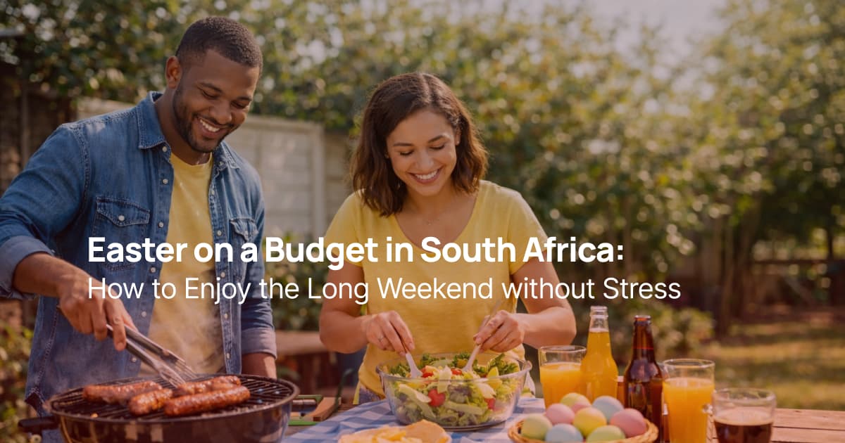 Couple enjoying Easter braai on a budget with food and drinks outdoors in South Africa