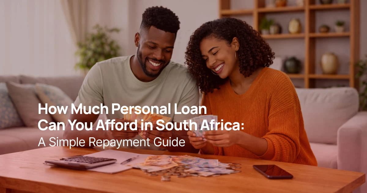 African couple calculating personal loan affordability and monthly repayments at home in South Africa