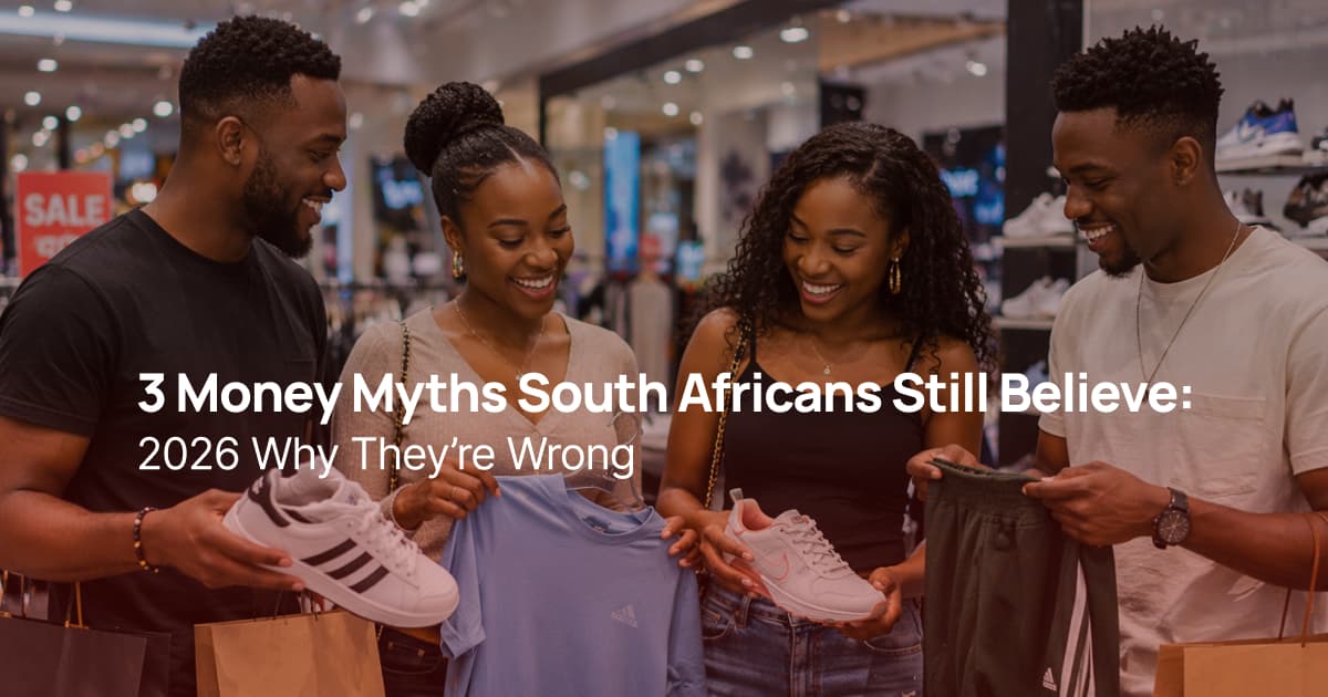 Friends shopping for clothes and sneakers in a mall in South Africa, showing lifestyle spending and financial choices