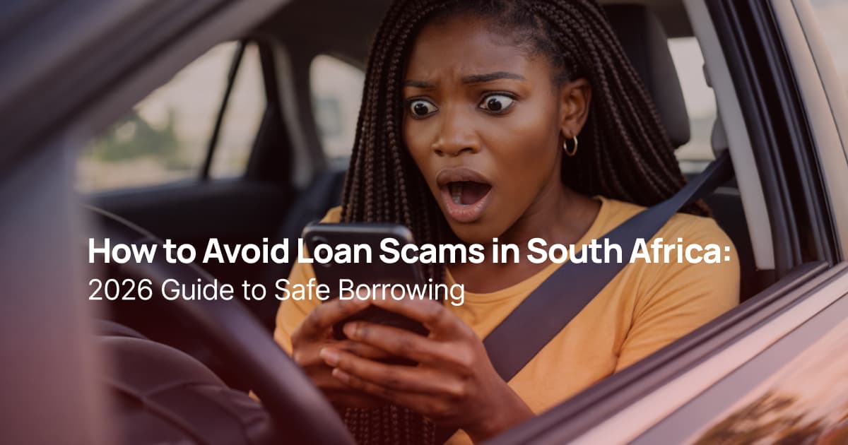 Woman reacting to fake loan approval message scam on mobile phone South Africa