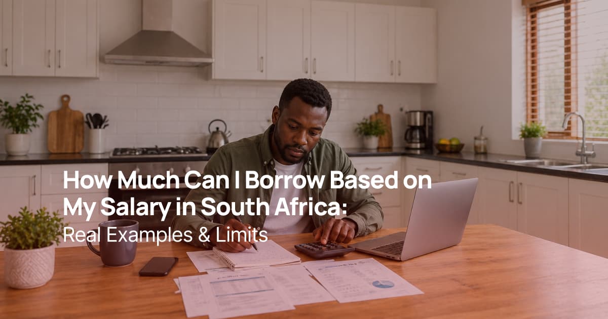 African man calculating loan affordability on laptop and calculator in a modern kitchen in South Africa
