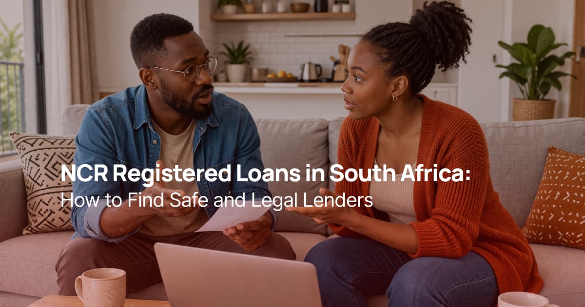Couple reviewing loan documents at home while discussing safe NCR registered loans in South Africa