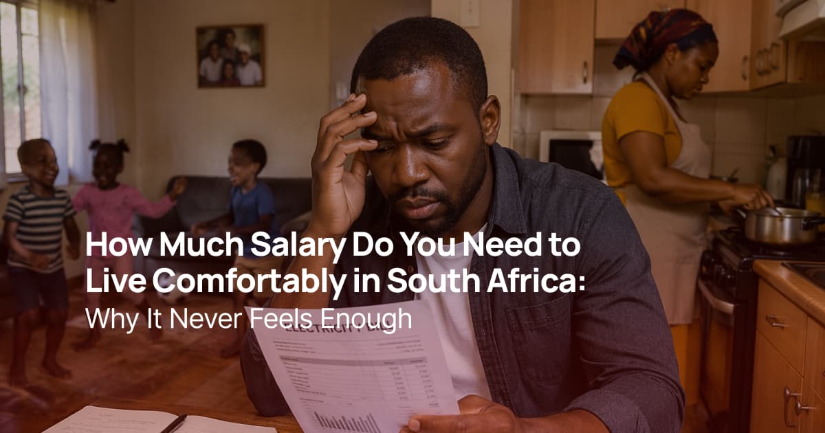 Worried man checking household bill at home while family is in the background in South Africa, showing financial stress and rising living costs