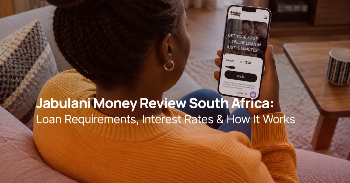 African woman using Jabulani Money online loan application on smartphone in South Africa.