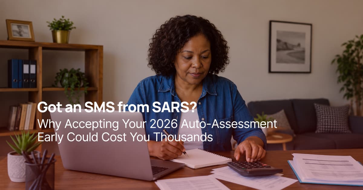 Middle-aged South African woman reviewing her SARS auto-assessment on a laptop while using a calculator during the 2026 tax filing season.