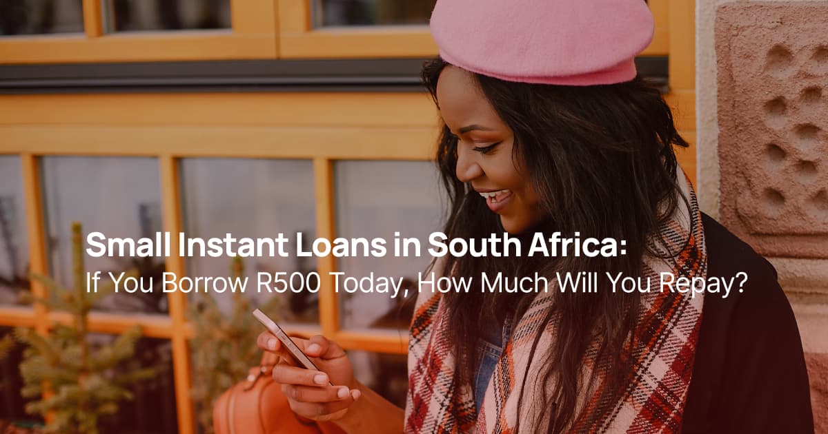 Young South African woman checking her phone while waiting outside, illustrating the search for small instant loans and same day loans in South Africa.
