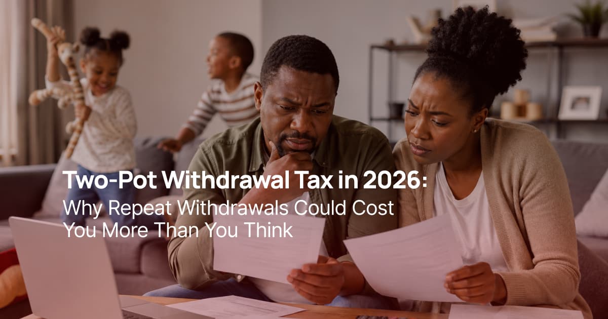South African couple reviewing financial documents at home while their children play in the background before making a Two-Pot retirement withdrawal decision.