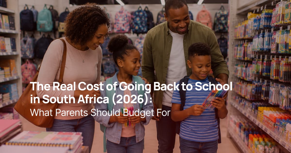 South African parents shopping for school supplies with their two children in a stationery store before the new school term.