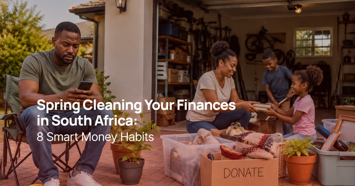 South African family doing spring cleaning outside their garage while a man sits on a chair using his phone.
