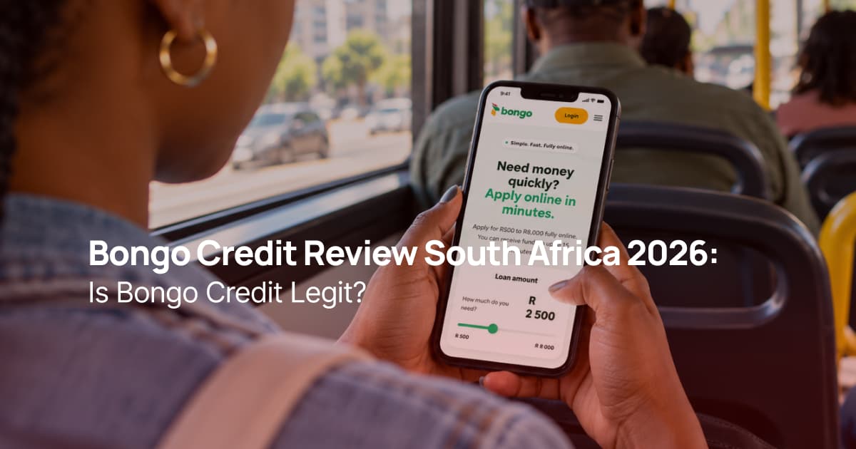 South African woman viewing Bongo Credit loan options on her smartphone while sitting on a bus.